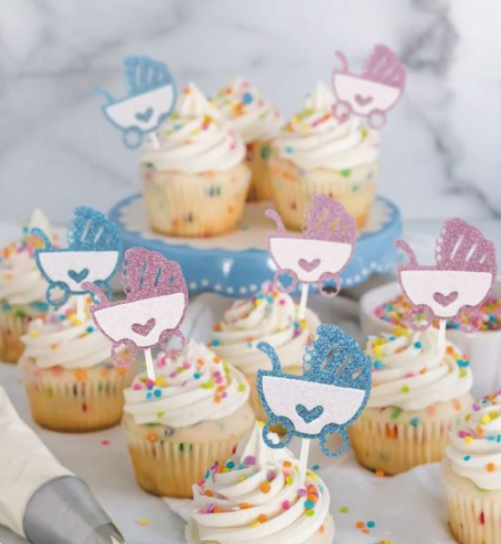 Kit Topo de Cupcake e Bolo "Carrinho de Bebê com Glitter" (4 peças)