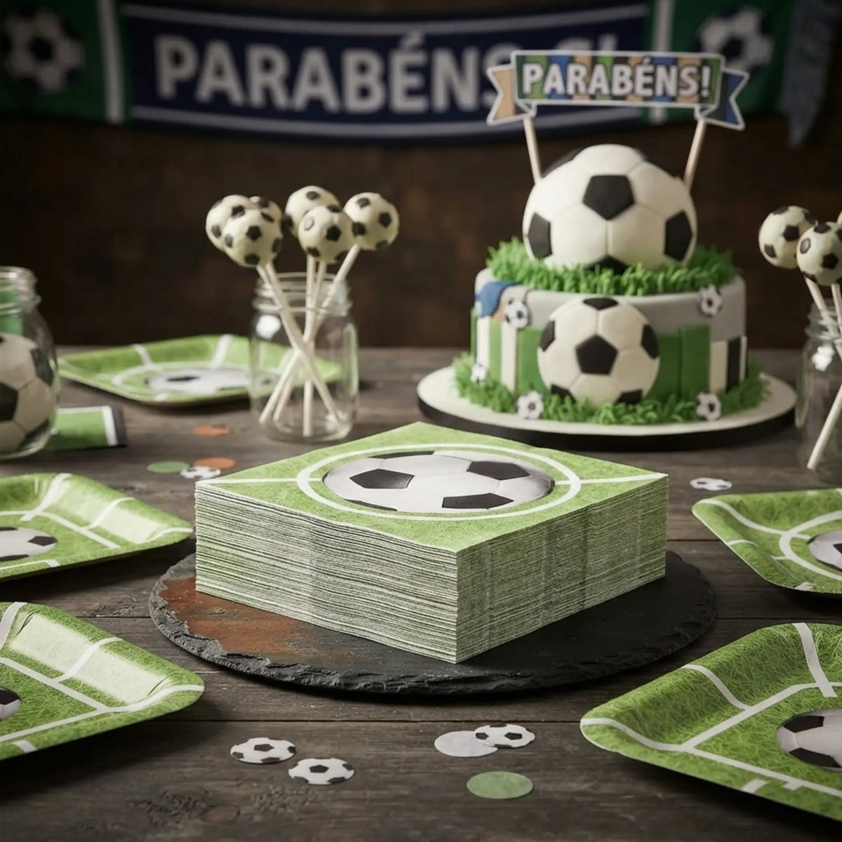 Guardanapo futebol, com tons de verde grama, Festalar, editorial