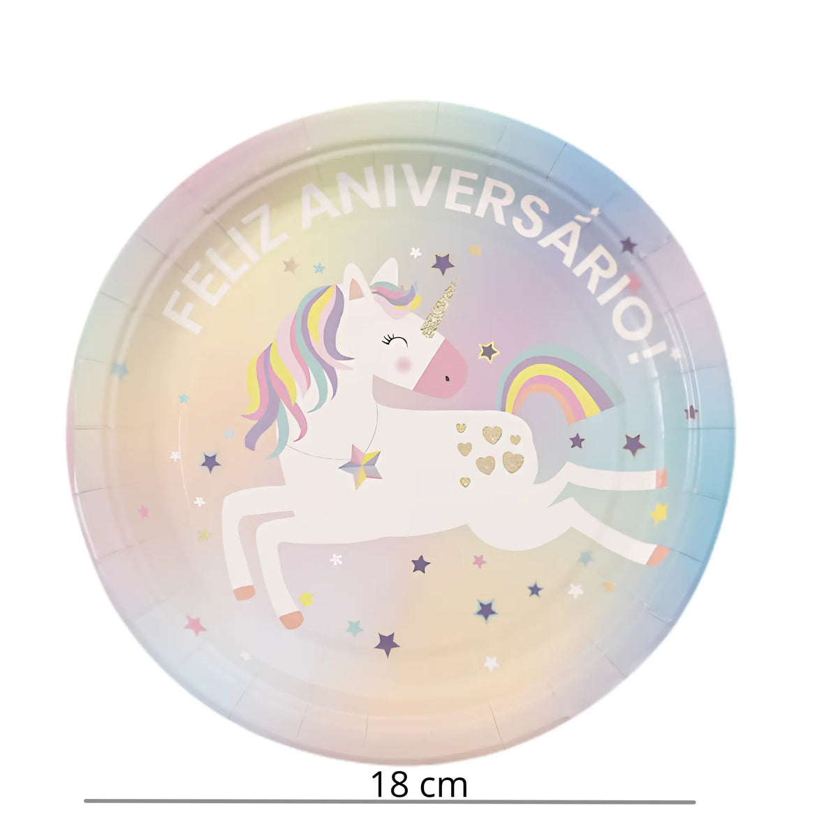Prato de papel tema unicórnio com 18 cm