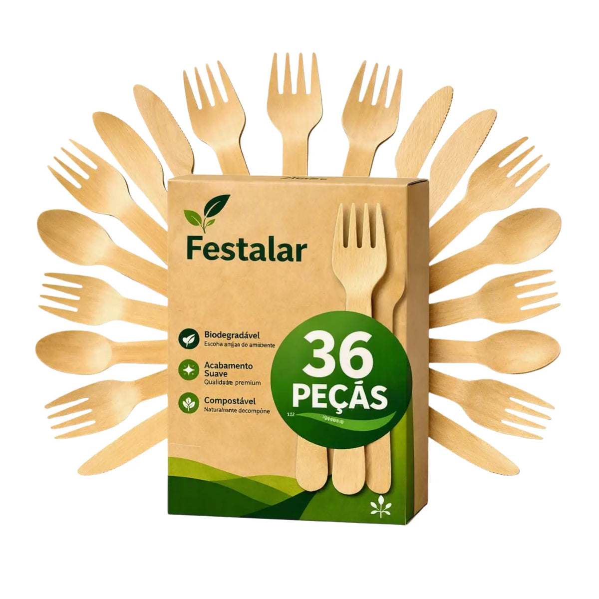 kit colher, garfo e faca de madeira, Festalar
